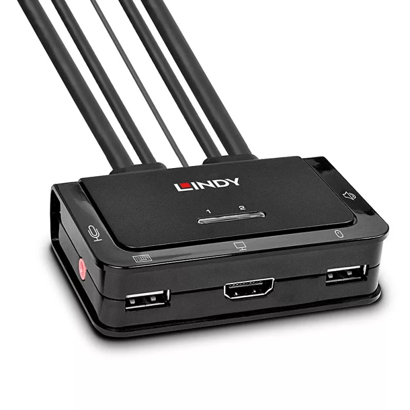Lindy 2 prievadų HDMI 4K60, USB 2.0 ir garso kabelinis KVM jungiklis, 4096 x 2160 pikselių, 4K Ultra HD, montavimas į stovą, juodas