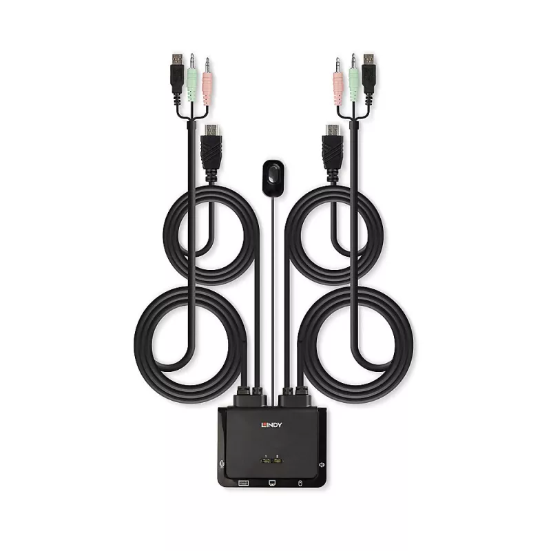 Lindy 2 prievadų HDMI 4K60, USB 2.0 ir garso kabelinis KVM jungiklis, 4096 x 2160 pikselių, 4K Ultra HD, montavimas į stovą, juodas