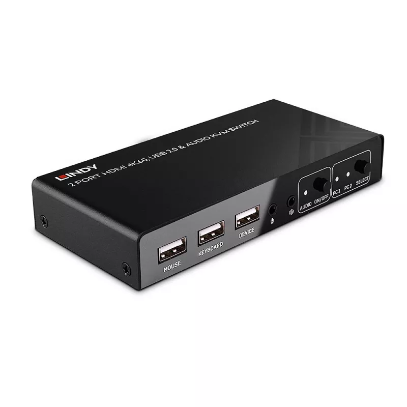 Lindy 2 prievadų HDMI 4K60, USB 2.0 ir garso KVM jungiklis, 4096 x 2160 pikselių, 4K Ultra HD, juodas
