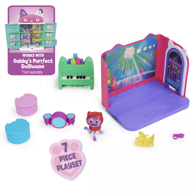 Gabby's Dollhouse, „Groovy Music Room“ su Daniel James Catnip figūrėle, 2 priedais, 2 baldais ir 2 siuntomis, žaislai vaikams nuo 3 metų