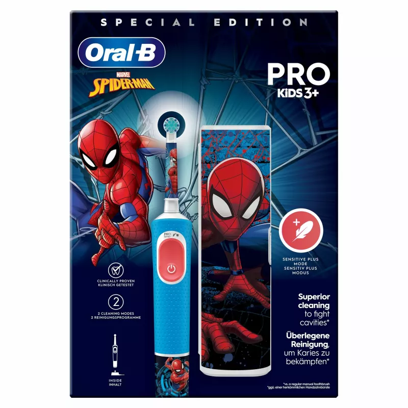 Oral-B Vitality Pro Kids Spiderman vaikiškas rotacinis-svyruojantis dantų šepetėlis Mėlynas, Raudonas