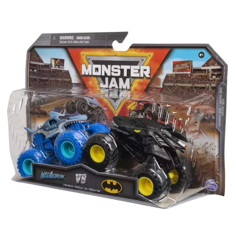 Monster Jam, oficialūs Batman prieš Megalodoną lieti metaliniai monstrų sunkvežimiai, mastelis 1:64, žaislai berniukams nuo 3 metų