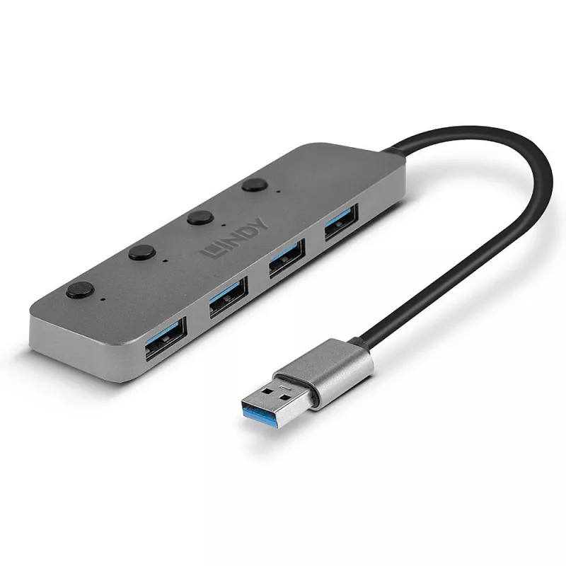 Lindy 4 prievadų USB 3.0 šakotuvas su įjungimo/išjungimo jungikliais