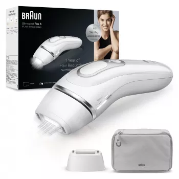 IPL plaukų šalinimo prietaisas BRAUN Silk‑expert Pro 3 PL3020 — Sidabrinė/Balta, maitinamas iš elektros tinklo, veido ir kūno priedai