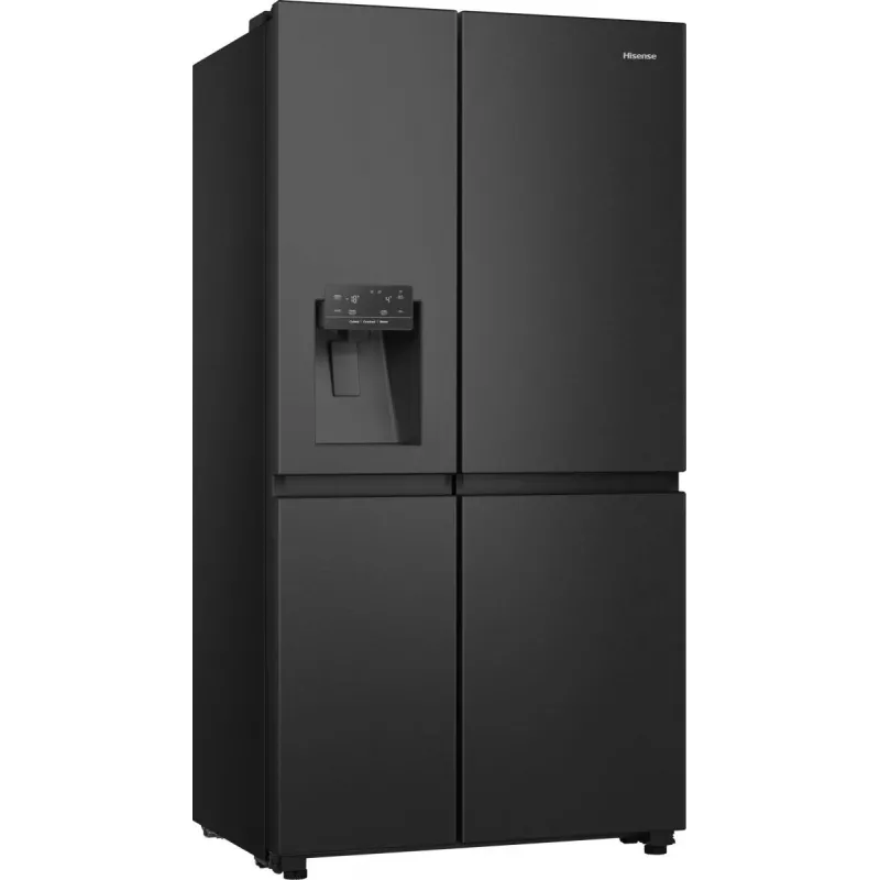Hisense šaldytuvas “Side by Side” RS818N4TFE, laisvai pastatomas, amerikietiškos durys, juodas, lietiminis valdymas, LED, ekranas ant durų