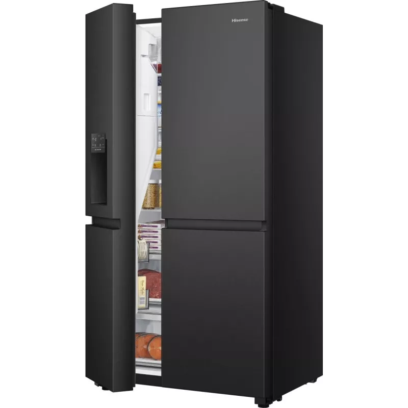 Hisense šaldytuvas “Side by Side” RS818N4TFE, laisvai pastatomas, amerikietiškos durys, juodas, lietiminis valdymas, LED, ekranas ant durų