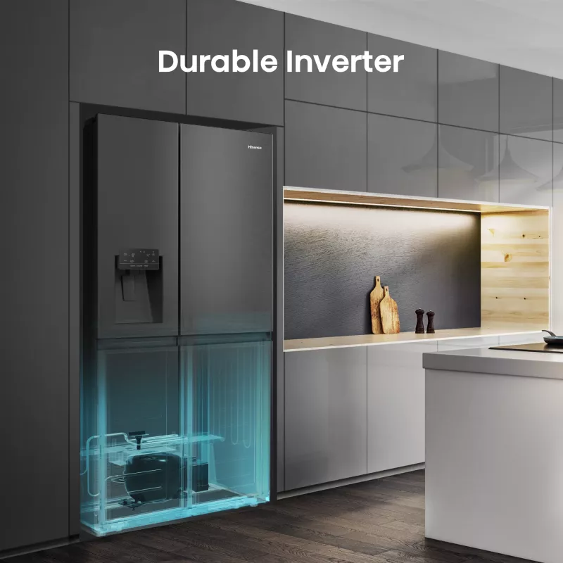 Hisense šaldytuvas “Side by Side” RS818N4TFE, laisvai pastatomas, amerikietiškos durys, juodas, lietiminis valdymas, LED, ekranas ant durų
