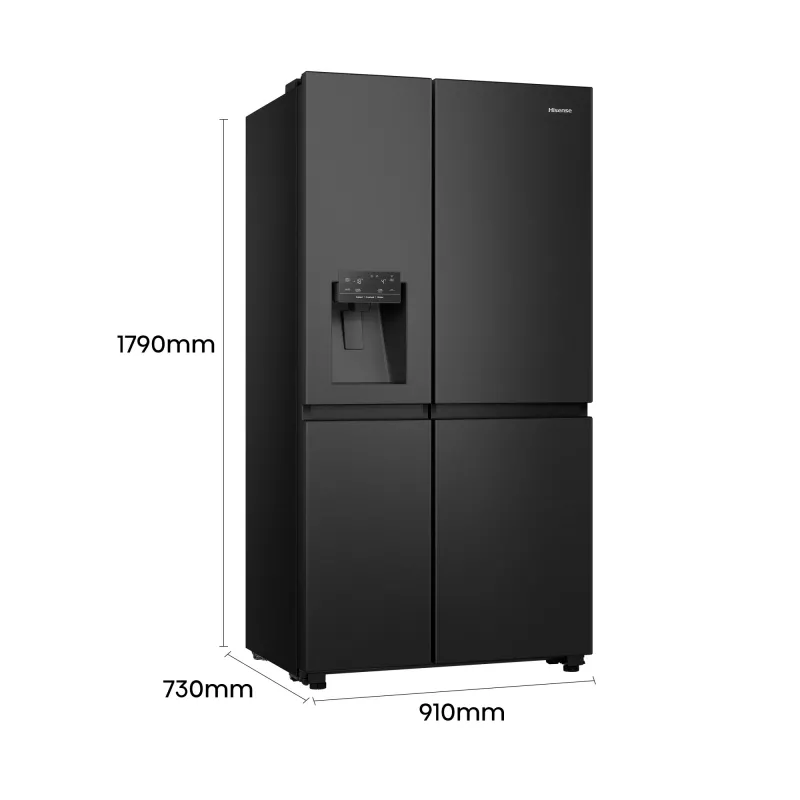 Hisense šaldytuvas “Side by Side” RS818N4TFE, laisvai pastatomas, amerikietiškos durys, juodas, lietiminis valdymas, LED, ekranas ant durų