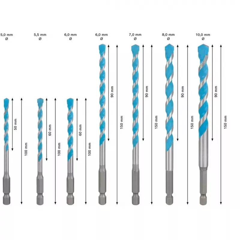 Grąžtų rinkinys Bosch EXPERT HEX-9 MultiConstruction, 7 vnt. (Ø5, 5.5, 6, 7, 8, 10 mm)