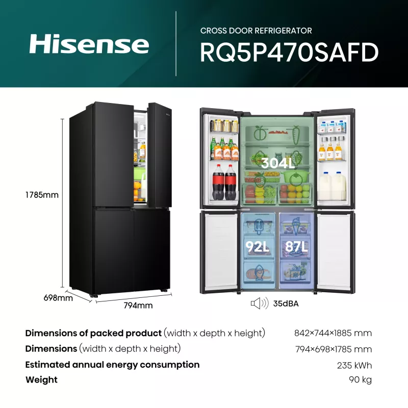 Hisense RQ5P470SAFD laisvai pastatomas 483 L juodas, nerūdijantis plienas