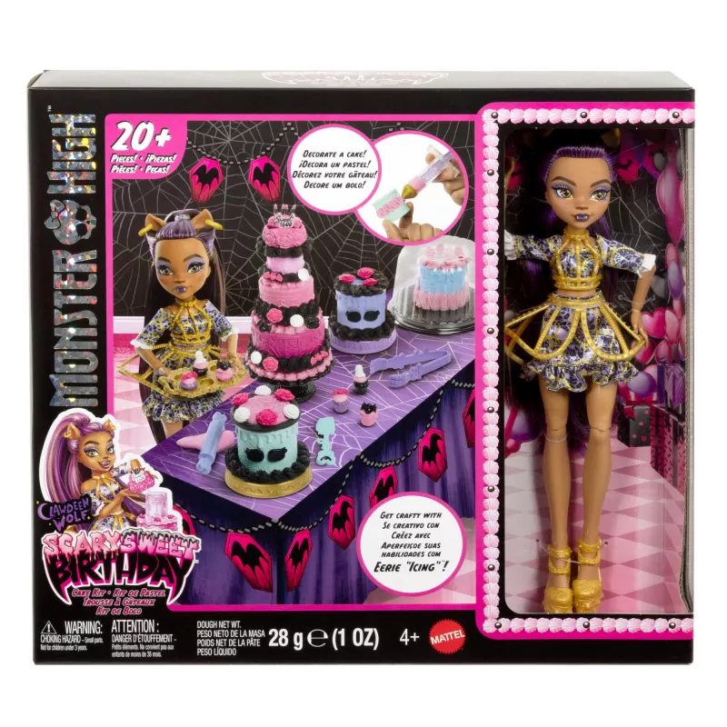 Monster High Scary Sweet Birthday Cake rinkinys su Clawdeen Wolf lėle ir daugiau nei 20 dekoravimo priedų