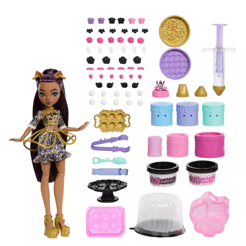 Monster High Scary Sweet Birthday Cake rinkinys su Clawdeen Wolf lėle ir daugiau nei 20 dekoravimo priedų