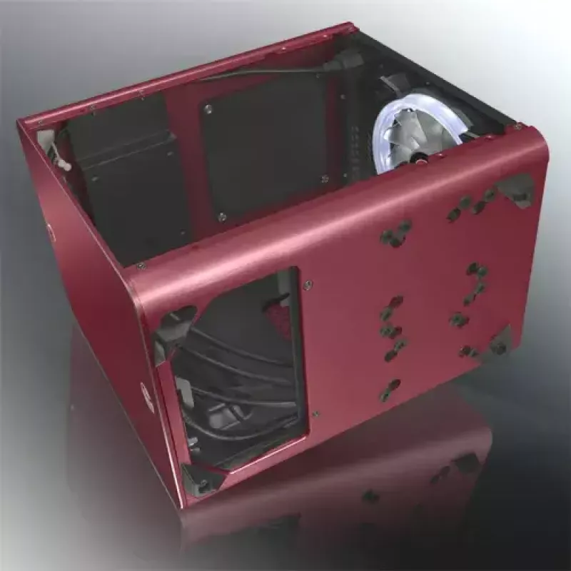 RAIJINTEK METIS PLUS Mini bokšto korpusas raudonas — Mini-ITX, 1x 3,5 colio lizdas, 4x 2,5 colio lizdai, 120 mm ventiliatoriai