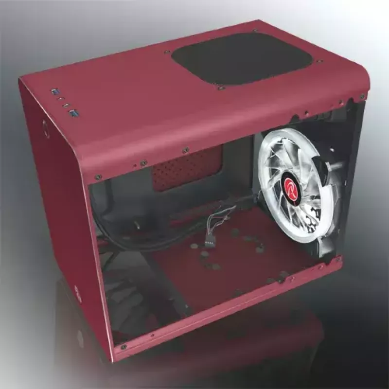 RAIJINTEK METIS PLUS Mini bokšto korpusas raudonas — Mini-ITX, 1x 3,5 colio lizdas, 4x 2,5 colio lizdai, 120 mm ventiliatoriai