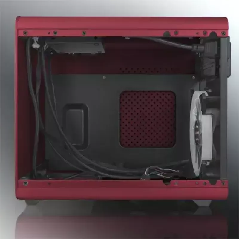 RAIJINTEK METIS PLUS Mini bokšto korpusas raudonas — Mini-ITX, 1x 3,5 colio lizdas, 4x 2,5 colio lizdai, 120 mm ventiliatoriai