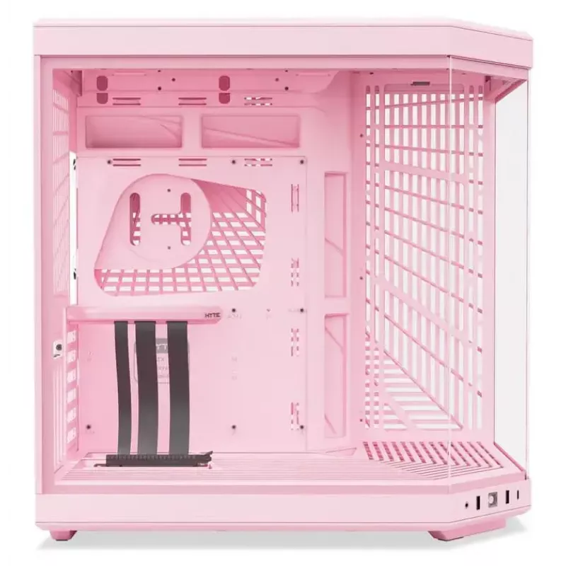HYTE Y70 Milk Midi Tower PC korpusas, rožinis — palaiko 120/140 mm ventiliatorius, 2,5 colio ir 3,5 colio diskus, apačioje montuojamą PSU, 320×470×470 mm