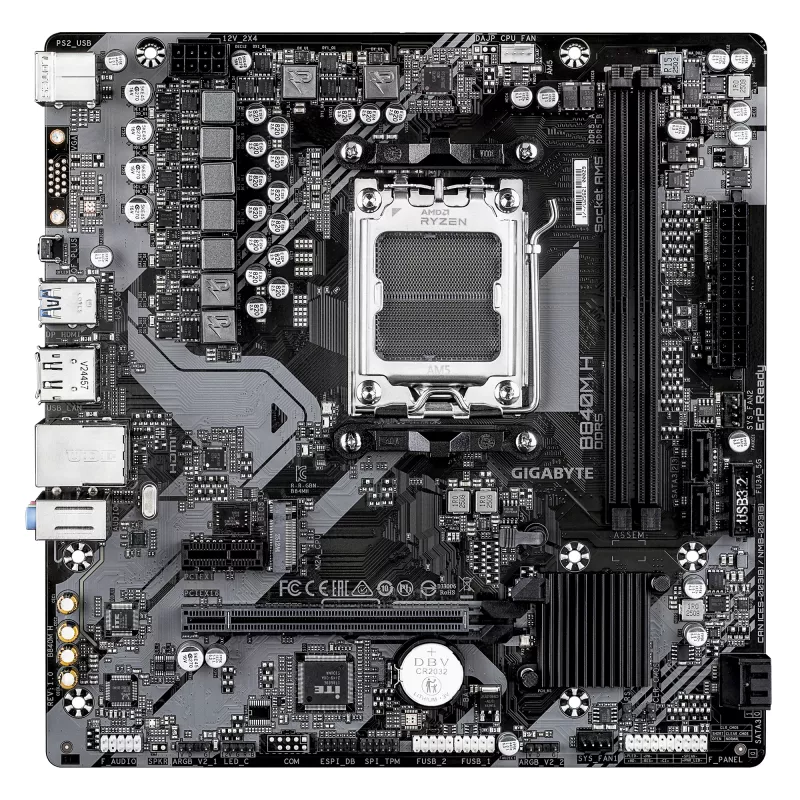 GIGABYTE B840M H pagrindinė plokštė - AMD Ryzen 9000 procesoriai, 5+2+2 fazių VRM, iki 7200 MHz DDR5 (OC), 1xPCIe 4.0 M.2, 1GbE LAN, USB 3.2 Gen 1