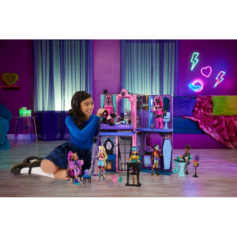 Monster High Boo-tique viešbučio lėlių namelis su šiurpiais siurprizais kiekviename kambaryje ir 13+ priedų