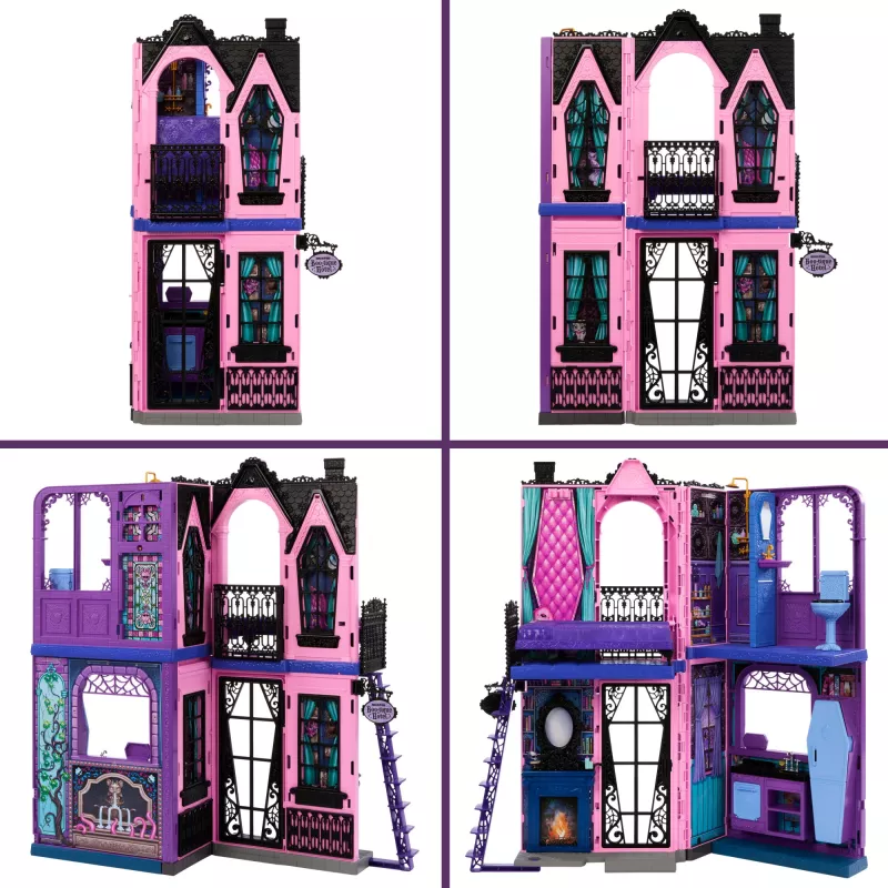 Monster High Boo-tique viešbučio lėlių namelis su šiurpiais siurprizais kiekviename kambaryje ir 13+ priedų