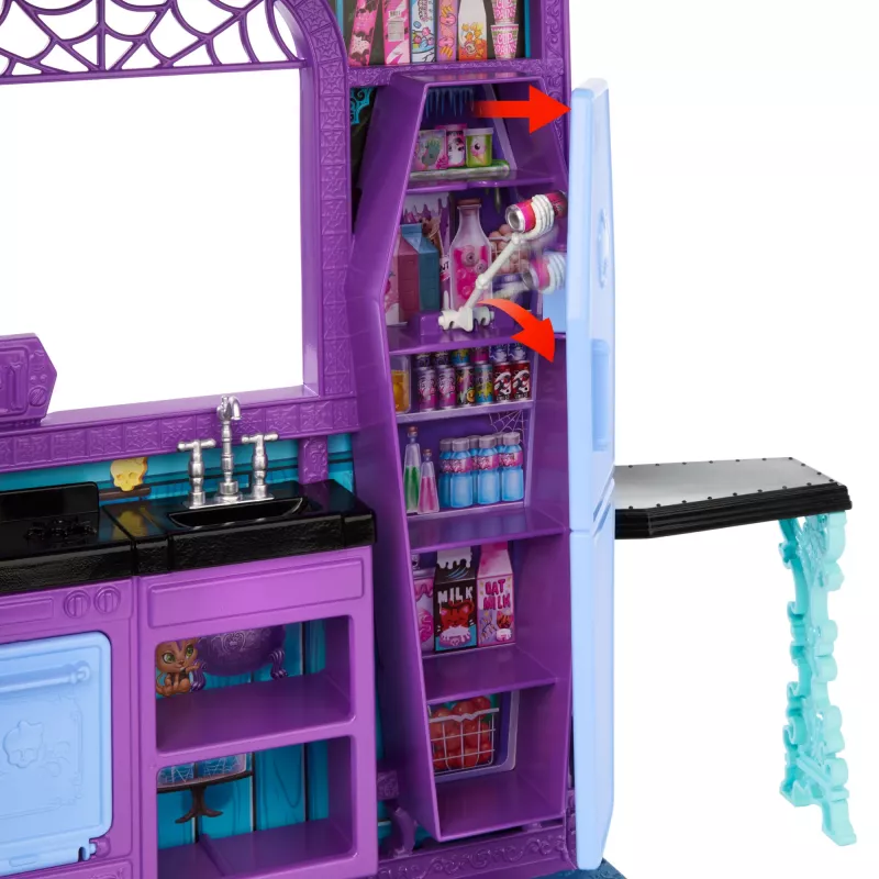 Monster High Boo-tique viešbučio lėlių namelis su šiurpiais siurprizais kiekviename kambaryje ir 13+ priedų
