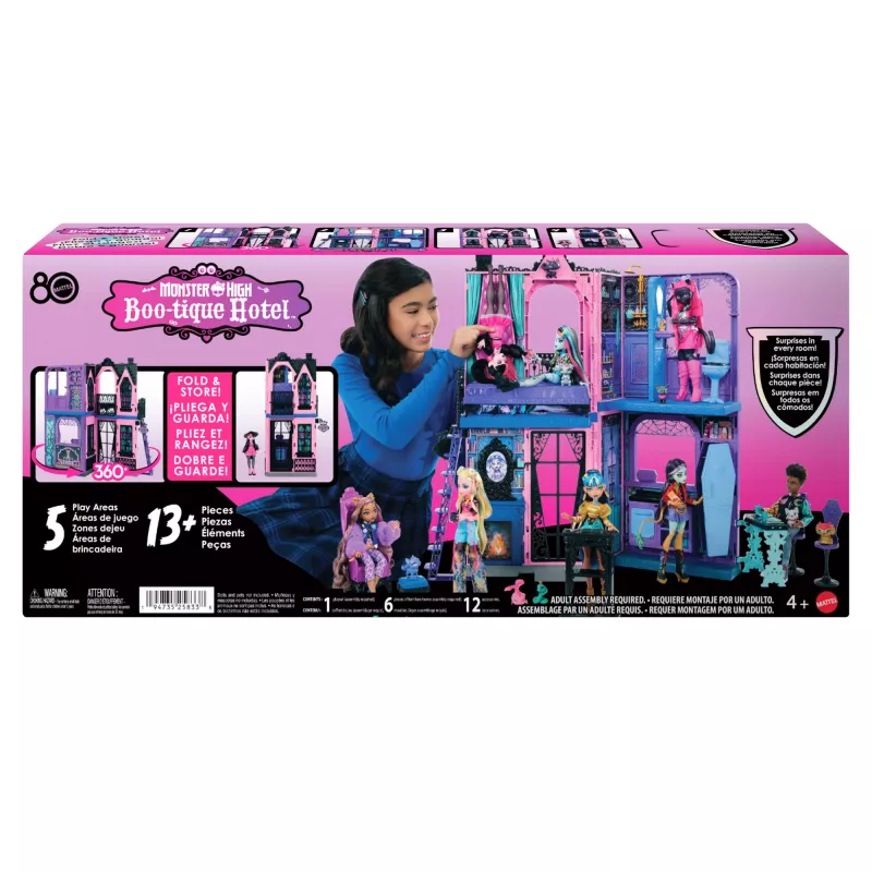 Monster High Boo-tique viešbučio lėlių namelis su šiurpiais siurprizais kiekviename kambaryje ir 13+ priedų