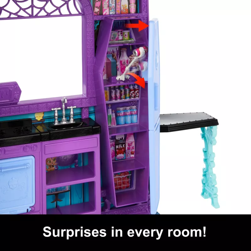 Monster High Boo-tique viešbučio lėlių namelis su šiurpiais siurprizais kiekviename kambaryje ir 13+ priedų
