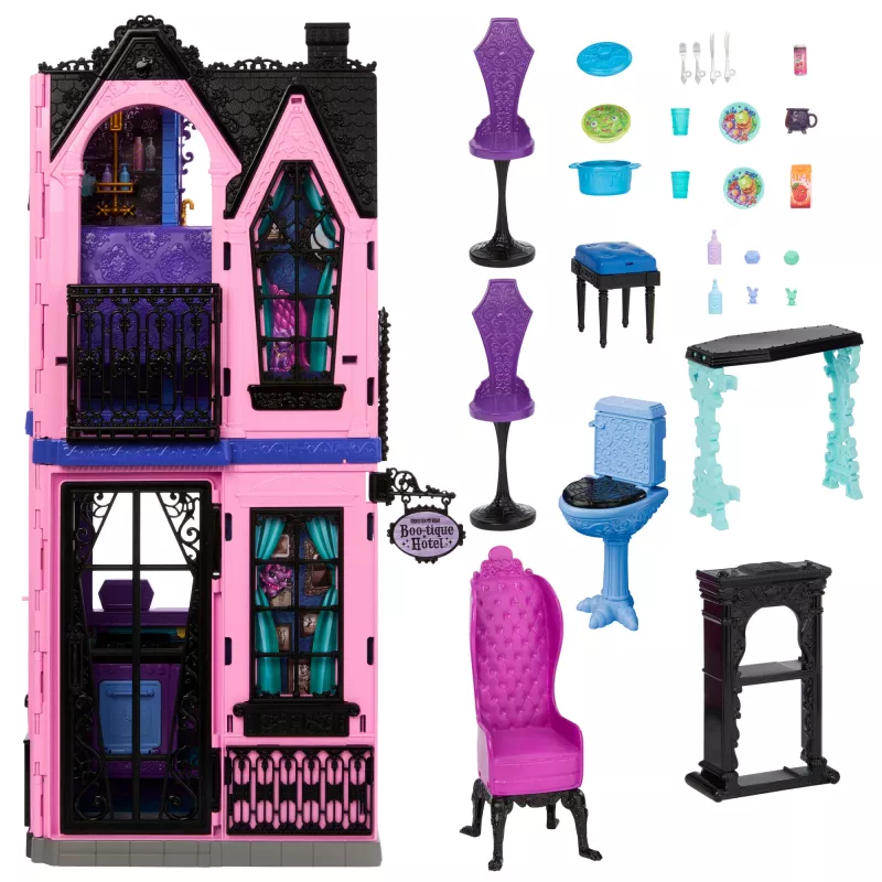 Monster High Boo-tique viešbučio lėlių namelis su šiurpiais siurprizais kiekviename kambaryje ir 13+ priedų