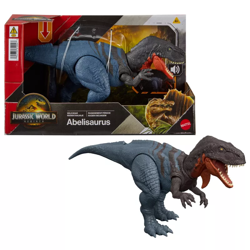Jurassic World Rebirth Wild Roar Abelisaurus žaislinis dinozauras, uodega valdomas puolimo kąsnis ir garsas