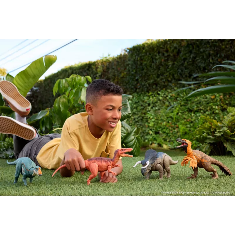 Jurassic World Rebirth Wild Roar Abelisaurus žaislinis dinozauras, uodega valdomas puolimo kąsnis ir garsas
