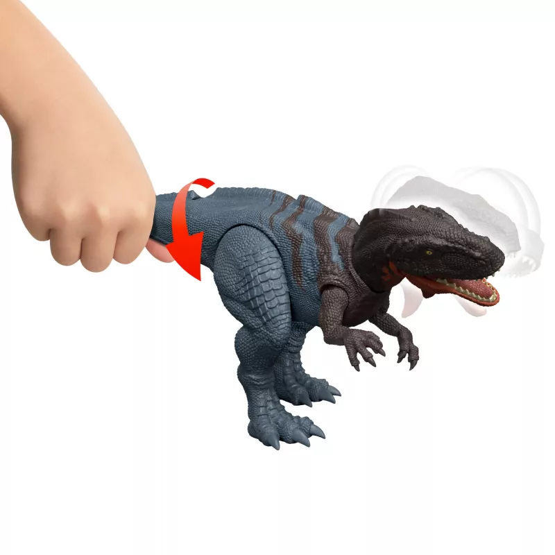 Jurassic World Rebirth Wild Roar Abelisaurus žaislinis dinozauras, uodega valdomas puolimo kąsnis ir garsas
