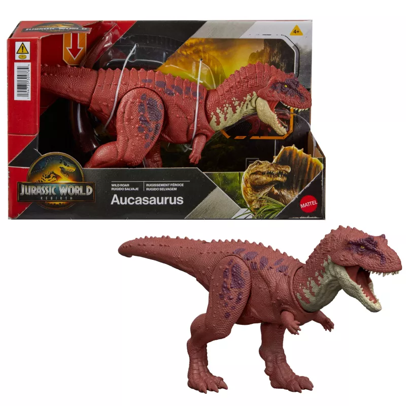 Jurassic World Rebirth Wild Roar Aucasaurus žaislinis dinozauras, uodega valdomas atakos kąsnis ir garsas