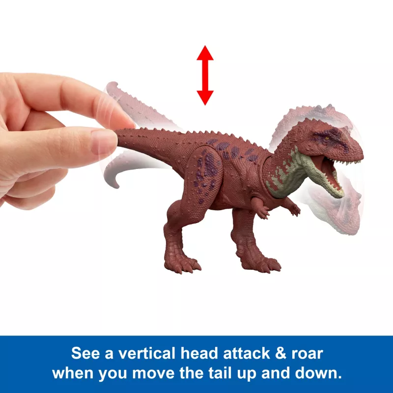 Jurassic World Rebirth Wild Roar Aucasaurus žaislinis dinozauras, uodega valdomas atakos kąsnis ir garsas