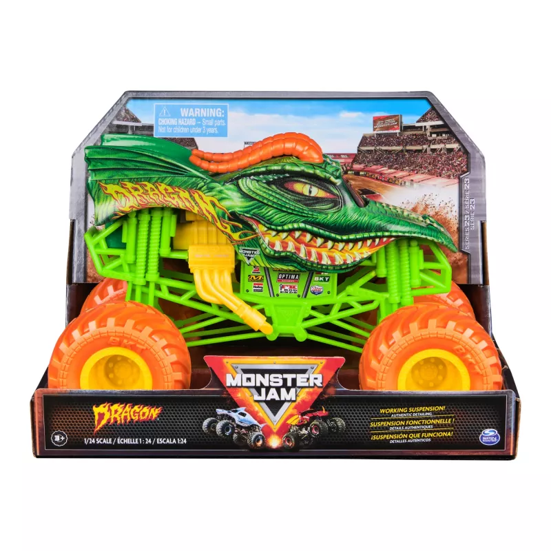 Monster Jam, oficialus monstrų sunkvežimis „Dragon“, kolekcinė metalinė transporto priemonė, mastelis 1:24, žaislai berniukams ir mergaitėms nuo 3 metų