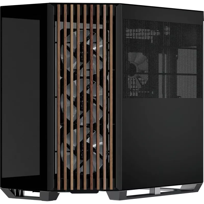 APNX Tower korpusas V1-W-BK-v3 su dviem grūdinto stiklo plokštėmis ir medžio apdailos plokštėmis, juodas