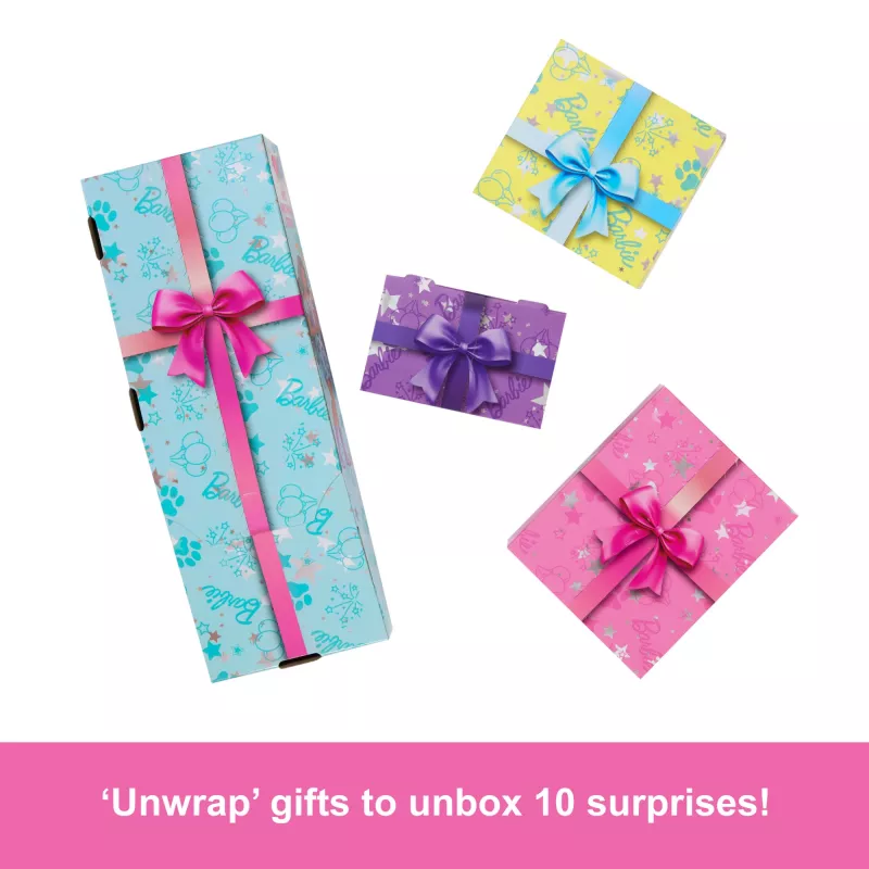 Barbie Party Unboxed augintinio gimtadienio serijos lėlė ir aksesuarai, „Party Stars“ rinkinys su 10 staigmenų