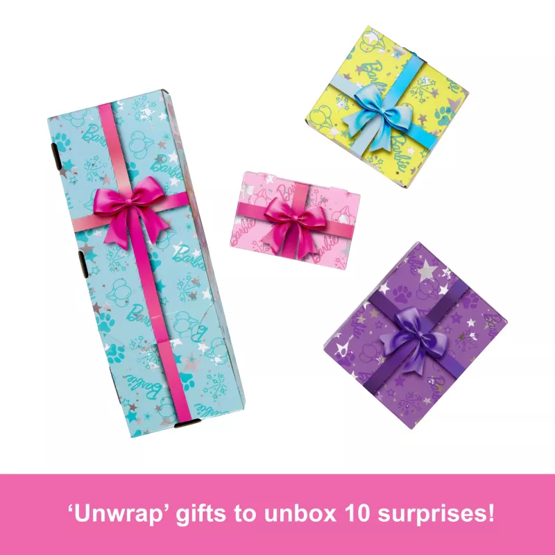 Barbie Party Unboxed Pet Birthday Series Doll & Accessories, Birthday Bows Set with 10 Surprises