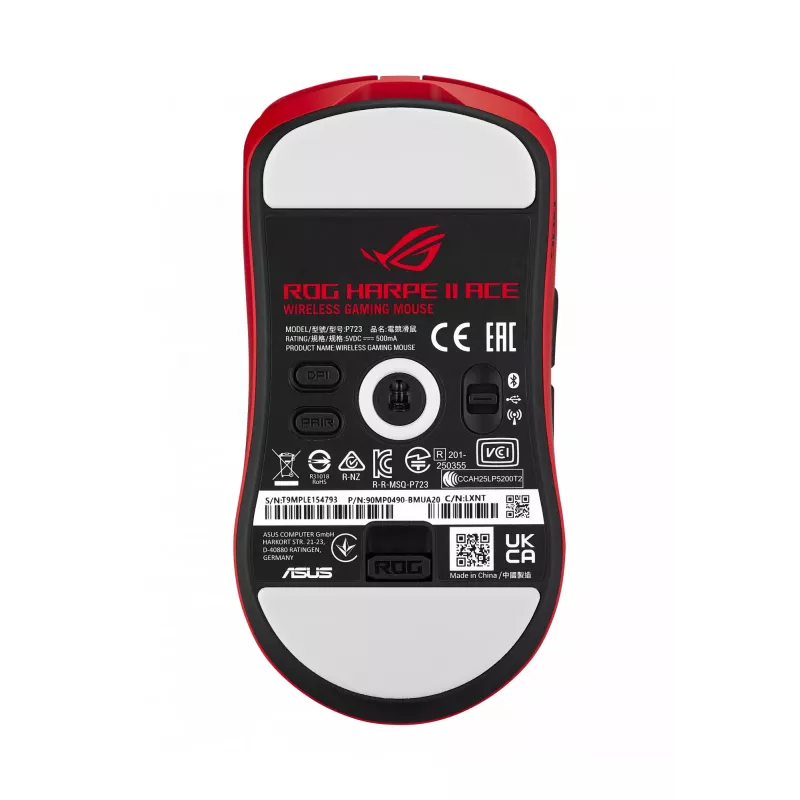ASUS ROG Harpe II Ace RED pelė, skirta žaidimams, dešiniarankė, RF belaidė + Bluetooth + USB Type-A, optinė, 42000 DPI