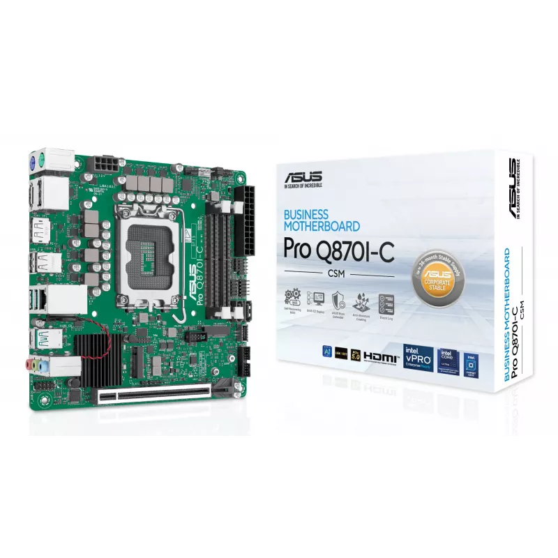 Mini ITX pagrindinė plokštė ASUS PRO Q870I-C-CSM LGA 1851, Intel Q870, DDR5 SO‑DIMM, 2 lizdai, iki 128 GB