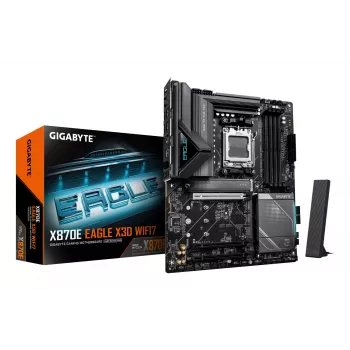 GIGABYTE X870E EAGLE X3D WIFI7 pagrindinė plokštė – palaiko AMD Ryzen 9000 procesorius, 14+2+2 fazių skaitmeninis VRM, iki 9000 Hz DDR5 (OC), 1xPCIe 5.0 + 3xPCIe 4.0, Wi-Fi 7, 5GbE LAN, USB 4