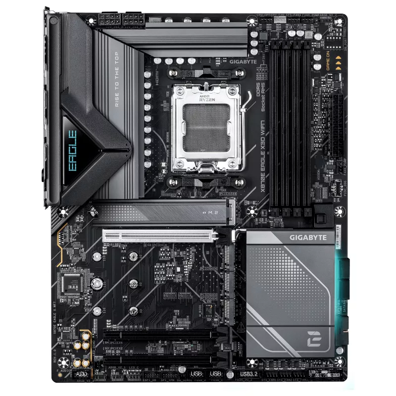 GIGABYTE X870E EAGLE X3D WIFI7 pagrindinė plokštė – palaiko AMD Ryzen 9000 procesorius, 14+2+2 fazių skaitmeninis VRM, iki 9000 Hz DDR5 (OC), 1xPCIe 5.0 + 3xPCIe 4.0, Wi-Fi 7, 5GbE LAN, USB 4