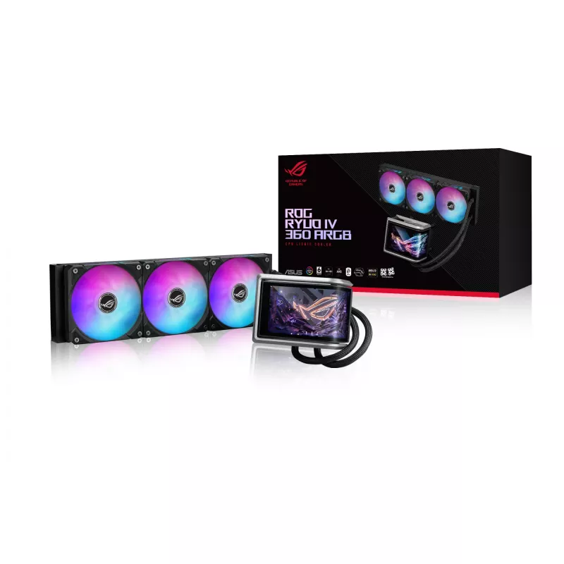 All-in-one skystas aušintuvas ASUS ROG RYUO IV 360 ARGB — 360 mm radiatorius, 120 mm ventiliatoriai, juoda