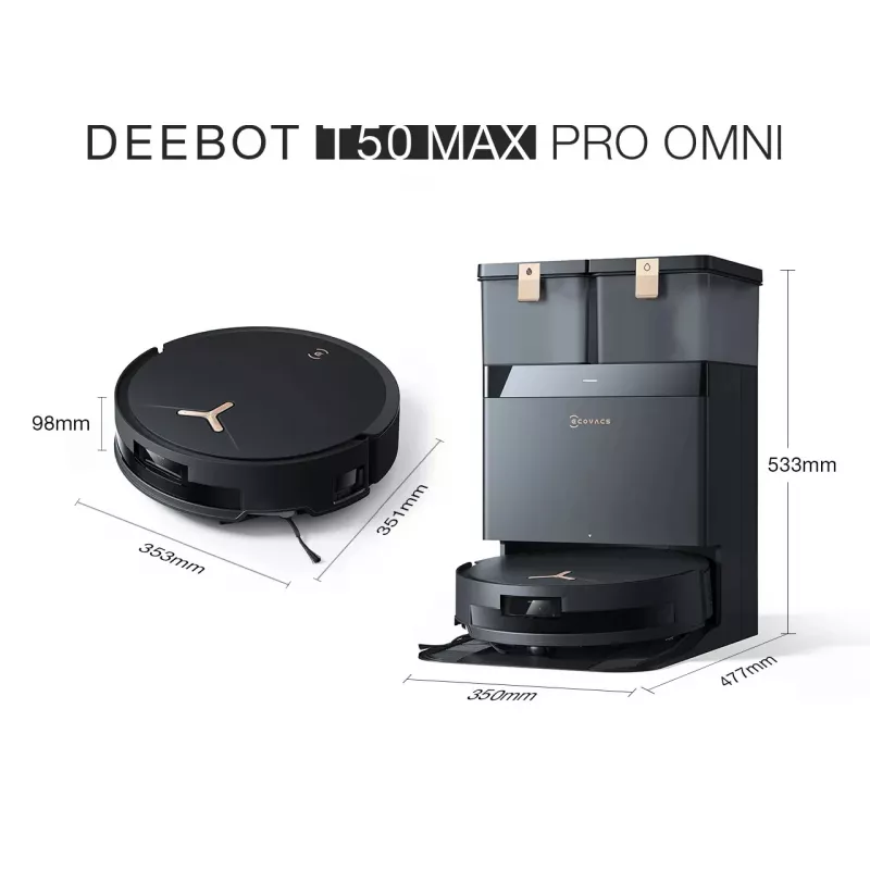 Robot dulkių siurblys Ecovacs Deebot T50 MAX PRO OMNI Gen2 – 3000 Pa siurbimo galia, 180 min veikimo laikas, juodas