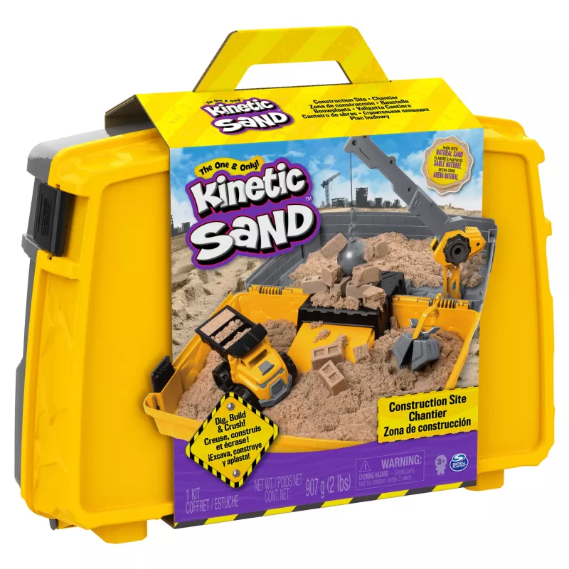 Kinetic Sand, statybvietės sulankstoma smėlio dėžė su 2 svarų žaidimų smėliu ir žaisliniu sunkvežimiu, laikymo dėklas, jutiminiai žaislai, šventinės dovanos vaikams nuo 3 metų