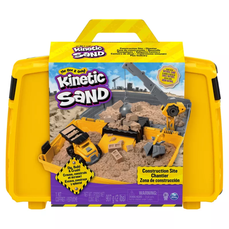 Kinetic Sand, statybvietės sulankstoma smėlio dėžė su 2 svarų žaidimų smėliu ir žaisliniu sunkvežimiu, laikymo dėklas, jutiminiai žaislai, šventinės dovanos vaikams nuo 3 metų