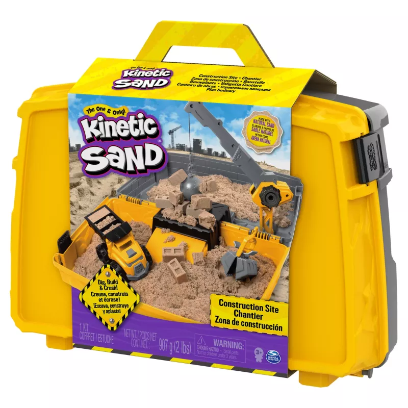 Kinetic Sand, statybvietės sulankstoma smėlio dėžė su 2 svarų žaidimų smėliu ir žaisliniu sunkvežimiu, laikymo dėklas, jutiminiai žaislai, šventinės dovanos vaikams nuo 3 metų