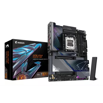 GIGABYTE X870E AORUS MASTER X3D Pagrindinė plokštė – palaiko AMD Ryzen 9000 procesorius, 18+2+2 fazių skaitmeninį VRM, iki 9000 Hz DDR5 (OC), 2xPCIe 5.0 + 3xPCIe 4.0, Wi-Fi 7, 10GbE LAN, USB 4