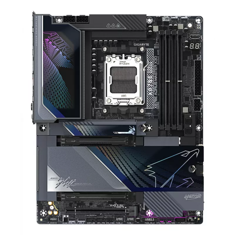 GIGABYTE X870E AORUS MASTER X3D Pagrindinė plokštė – palaiko AMD Ryzen 9000 procesorius, 18+2+2 fazių skaitmeninį VRM, iki 9000 Hz DDR5 (OC), 2xPCIe 5.0 + 3xPCIe 4.0, Wi-Fi 7, 10GbE LAN, USB 4