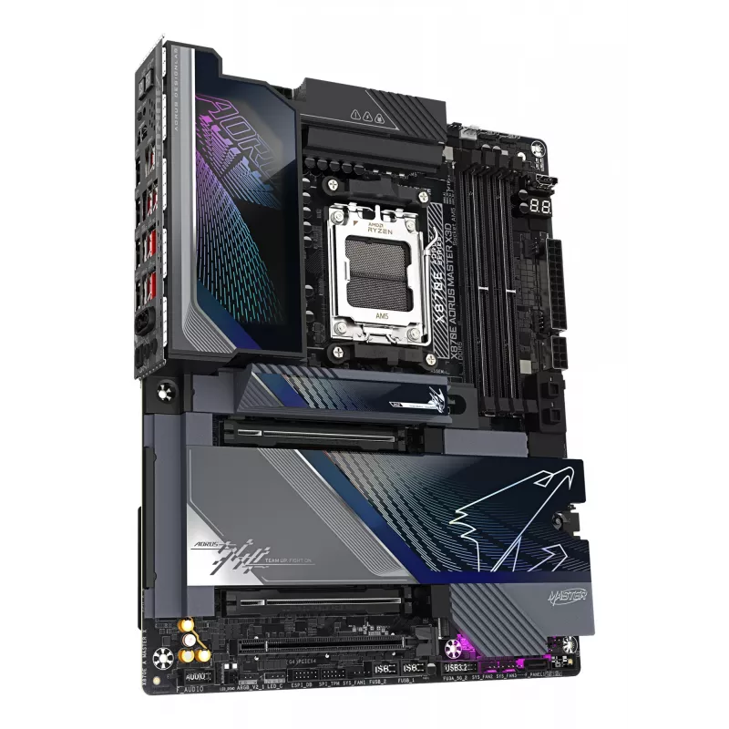 GIGABYTE X870E AORUS MASTER X3D Pagrindinė plokštė – palaiko AMD Ryzen 9000 procesorius, 18+2+2 fazių skaitmeninį VRM, iki 9000 Hz DDR5 (OC), 2xPCIe 5.0 + 3xPCIe 4.0, Wi-Fi 7, 10GbE LAN, USB 4