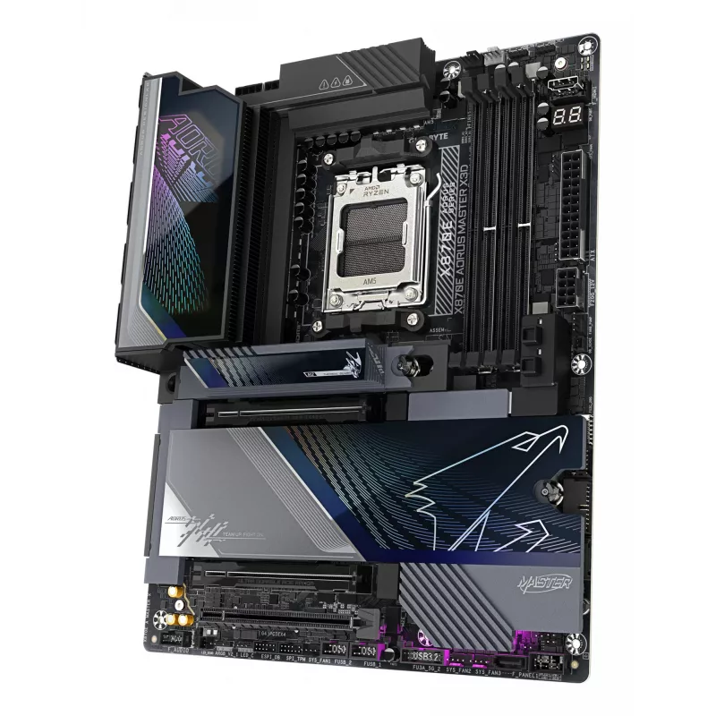 GIGABYTE X870E AORUS MASTER X3D Pagrindinė plokštė – palaiko AMD Ryzen 9000 procesorius, 18+2+2 fazių skaitmeninį VRM, iki 9000 Hz DDR5 (OC), 2xPCIe 5.0 + 3xPCIe 4.0, Wi-Fi 7, 10GbE LAN, USB 4