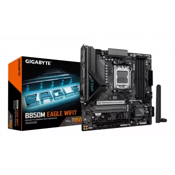 Pagrindinė plokštė GIGABYTE B850M EAGLE WIFI7 — Micro ATX, lizdas AM5, AMD B850, DDR5 iki 8200 MHz (O.C.), 4 DIMM, PCIe 5.0, „Wi‑Fi 7“, 2,5 GbE